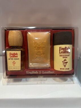 Vtg English Leather 3pc Gift Set After Shave Soap Deodorant NOS Faux Wood Box